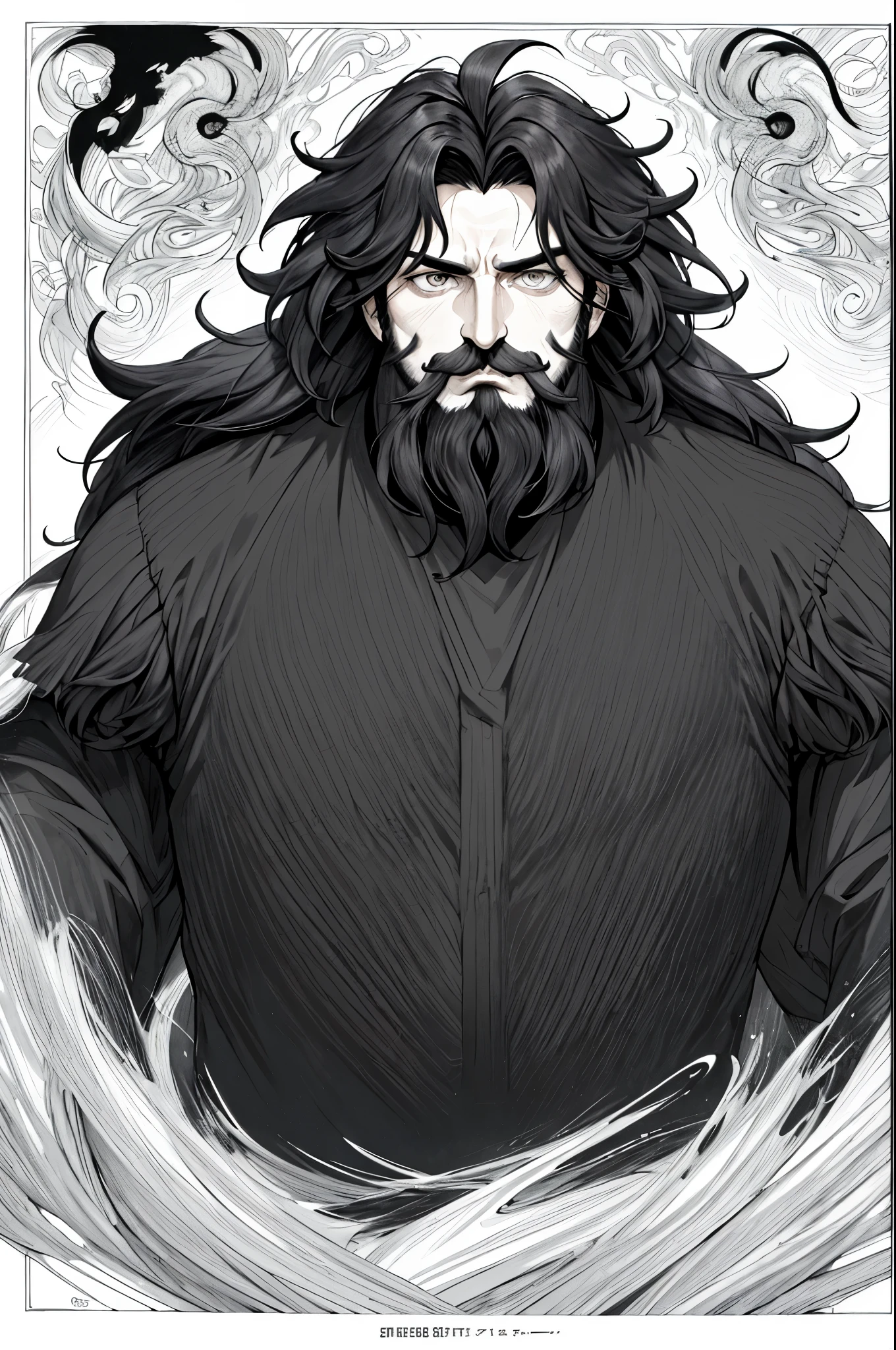 neocruz messy hair, black fur, wide, mustache with goatee beard, The lord of shadows hyper realistic super detailed line art comic style, black and white comic, Sleeve style, pointillism , achurado, black plastas