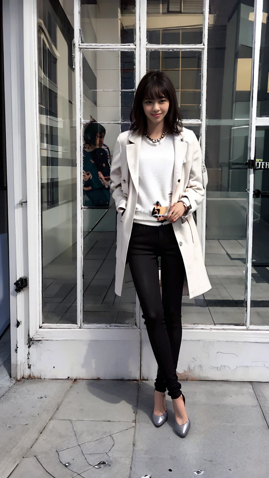 (Best Quality, Masterpiece, Photo realistic, Ultra Detailed, ultra high res, raw), (1girl), pretty, Japanese, smile, bangs, (suit jacket, skinny pants), (gigantic breasts, cleavage), (naked:1.2), (long hair| medium hair| short hair), (LowriseXL, LowwaistXL, groin:1.3), (high heels, beautiful long legs, full body), city street, navel, necklace,