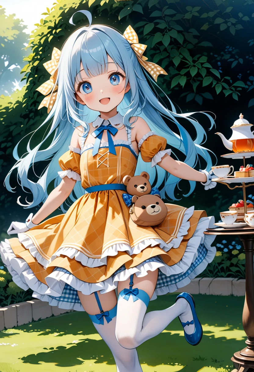 masterpiece, best quality, extremely detailed, (illustration, official art:1.1), 1 girl ,(((( light blue long hair)))), ,(((( light blue long hair)))),light blue hair, , long hair ((blush)) , cute face, big eyes, masterpiece, best quality,(((((a very delicate and beautiful girl))))),Amazing,beautiful detailed eyes,blunt bangs((((little delicate girl)))),tareme(true beautiful:1.2), sense of depth,dynamic angle,,,, affectionate smile, (true beautiful:1.2),,(tiny 1girl model:1.2),)(flat chest), 1girl, , charmy-angle, looking at viewer, blue bow, frills, striped bow, head tilt, smile, frilled dress, thighhighs, white thighhighs, hair ornament, shoes, frilled sleeves, dress bow, cross-laced clothes, blue eyes, wrist cuffs, puffy short sleeves, polka dot bow, detached sleeves, leg up, short sleeves, solo, white gloves, bow legwear,, bow print, holding, blunt bangs, standing on one leg, outstretched arms, yellow dress, ahoge, plaid dress, :d, layered dress, blue footwear, collared dress, spread arms, off shoulder, white bow, hair bow, wavy hair, bag, animal bag, white neckwear, standing, blue ribbon, handbag, blush, neck ribbon, yellow bow, diagonal-striped bow, white collar, bear print, shadow, hair ribbon, bare shoulders, frilled thighhighs, orange dress, garter straps, open mouth, frilled bow, print skirt, detached collar, bear shaped bag, back bow, puffy sleeves, masterpiece, best quality,(((Checked dress)))
,garden, (Tea party, tea set,)