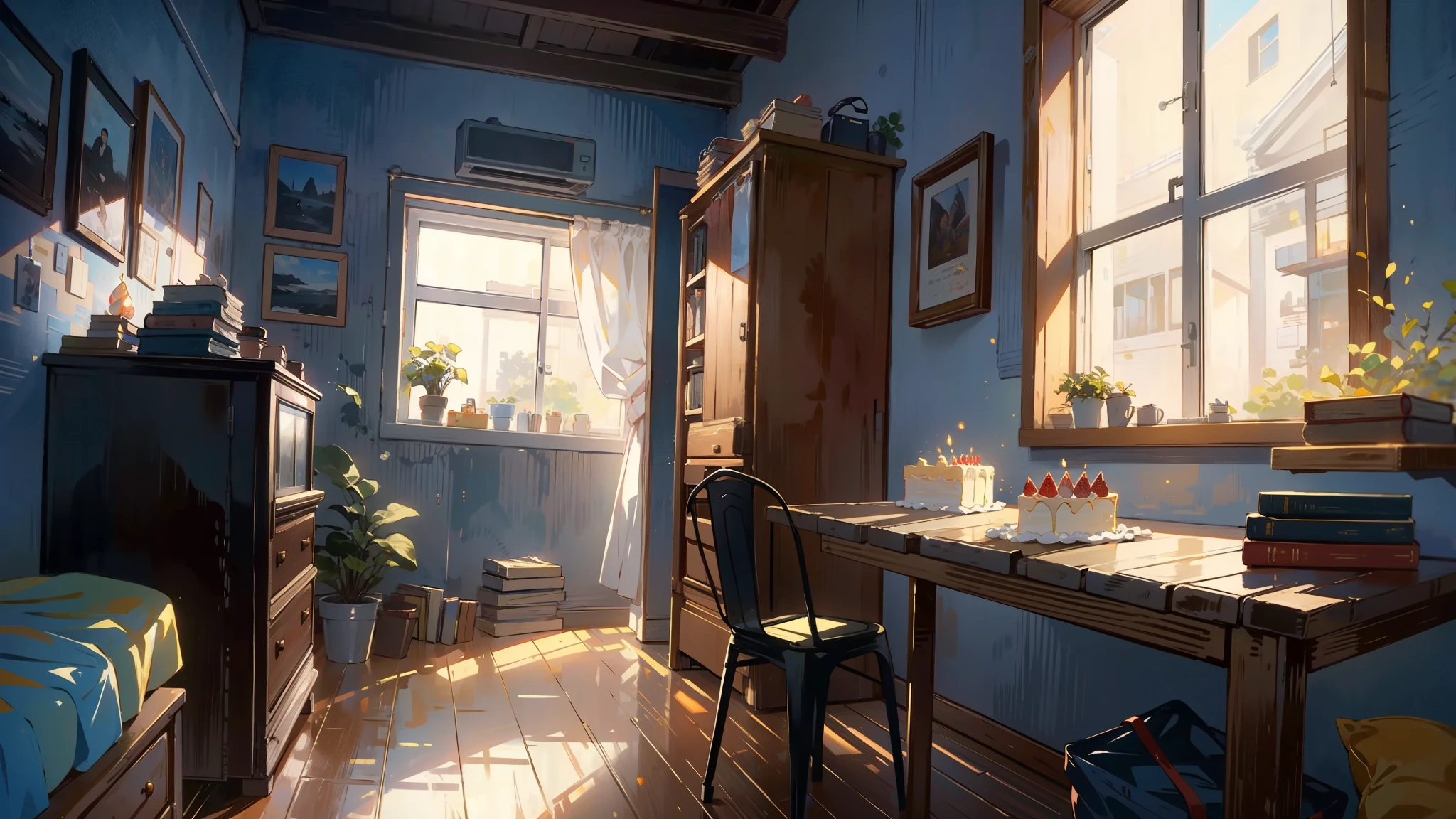Dark apartment, small birthday cake on old wooden table, modern apartment, alarm clock on the wall,anime scene.Upward shot,Bottom-up perspective,nobody,
