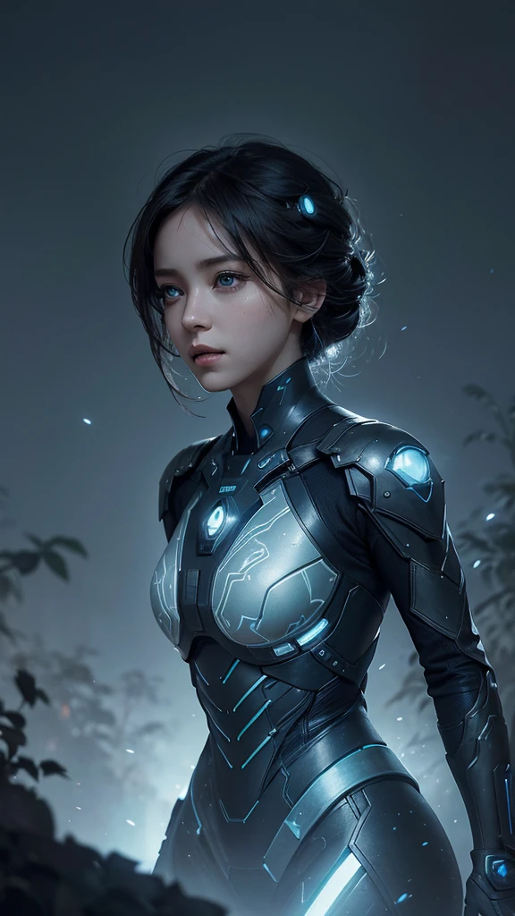 a girl in a garden, cyanotype, sci-fi, futuristic, minimalism, detailed face, beautiful eyes, elegant pose, floating, dynamic composition, cinematic lighting, muted colors, dramatic shadows, photorealistic, 8k, high resolution, masterpiece