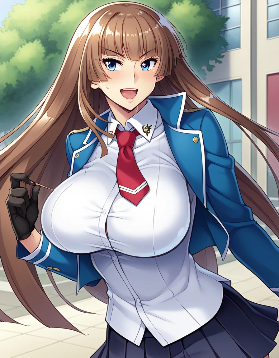 score_9, score_8_up, score_7_up, score_6_up, source_anime, aoi_nagisa_\(metalder\), BREAK solo, 1girl, koukawa asuka, brown hair, long hair, blue eyes, bangs, (huge breasts:0.8), medium body, BREAK (blue_school_jacket, tight clothes:1.2), breasts, black_gloves, collared_white_blouse, red_long_tie, black_pleated_skirt, BREAK happy, open mouth, outside, street, (upper body:1.1),