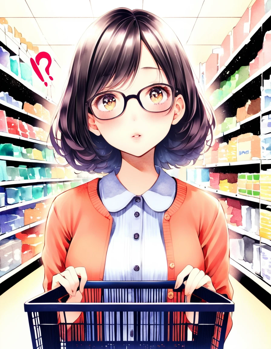 ultra-detailed:1.3, ultra delicate and detailed face:1.3, (absurdres, texture, masterpiece), watercolor, soft warm color, ennui morning, pixiv contest winner, by Akira Yasuda, dynamic manga-style illustration of slender girl with glasses is holding a shopping basket in supermarket entrance., She has a extremely surprised face, moist eyes, moist lips, head tilt, !?,
