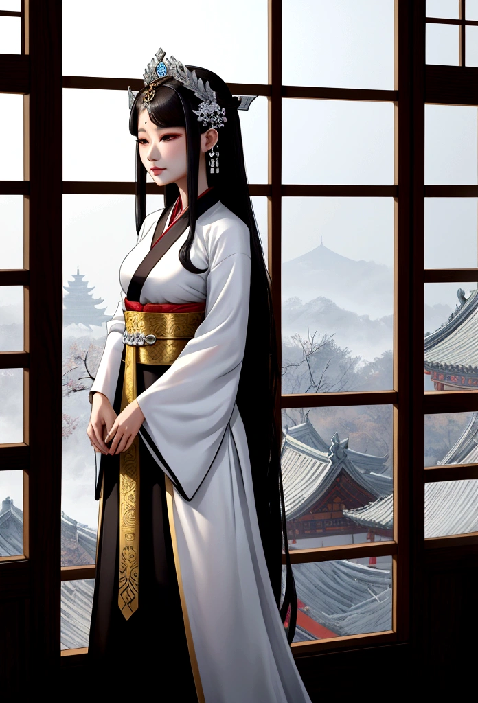 A woman in a black and white dress is standing by the window, Palace , girl in hanfu, ancient Baekje princess, beautiful fantasy empress, wearing ancient Baekje clothes, Baekje princess, Baekje Costume, Baekje girl, Baekje Goddess, wearing ancient Baekje clothes, beautiful character drawings, Works inspired by Lan Ying, Baekje costume, Baekje style, Beautiful rendering of Baekje
