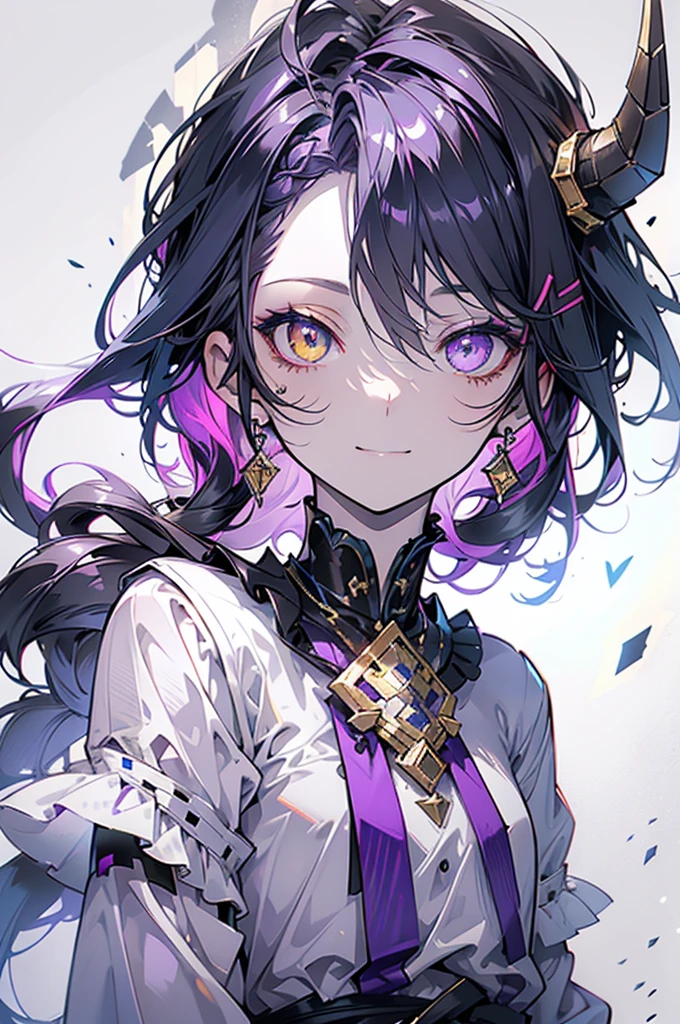 cheerful boy with open forehead. dark purple hair braided in a ponytail on the left side to one side. sinuous black horns wrapped in dark purple ribbon. pale violet eyes. in short dark purple shorts. long white T-shirt. dark purple knee-high socks. a white long robe with a hood flutters in the wind. black ancient stone walls of the castle purple light from lamps with gold ornaments, heterochromia, long curly hair, pale skin, I look at the viewer, closed mouth, bright smile, Beautiful, extremely detailed eye, Absolutely amazing art, extremely detailed, Digital art of the highest quality,