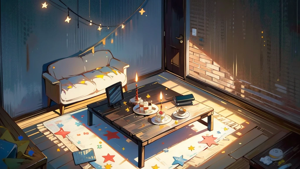 Dark apartment, small birthday cake on old wooden table, modern apartment, alarm clock on the wall,anime scene.Upward shot,Bottom-up perspective,No humans