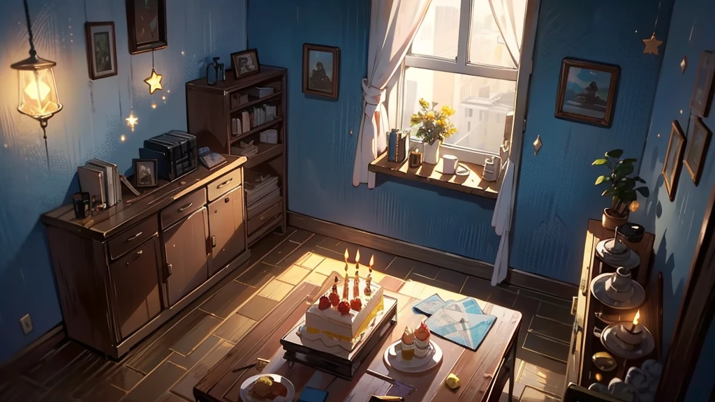 Dark apartment, small birthday cake on old wooden table, modern apartment, alarm clock on the wall,anime scene.Upward shot,Bottom-up perspective,No humans
