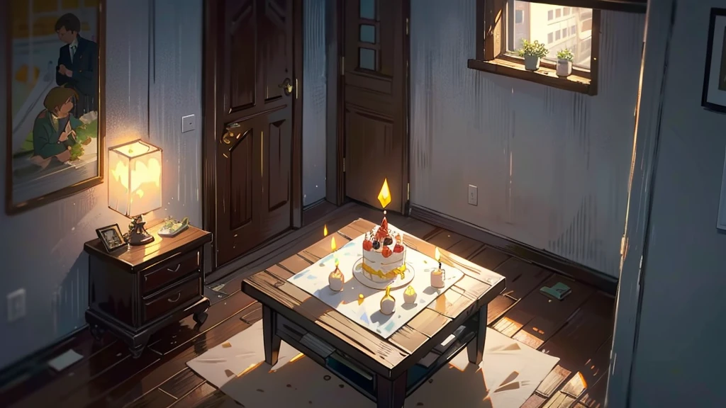 Dark apartment, small birthday cake on old wooden table, modern apartment, alarm clock on the wall,anime scene.Upward shot,Bottom-up perspective,No humans