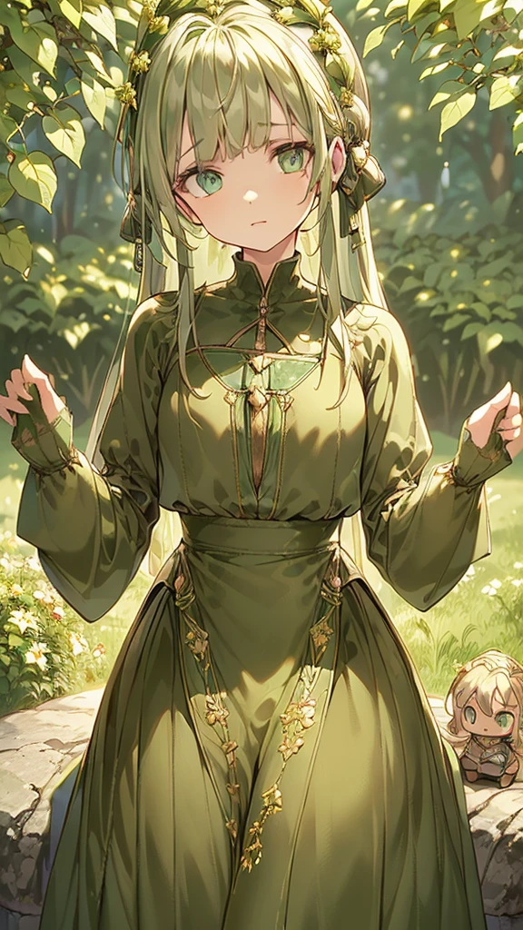 ((((artisana_maestra, alta_calidad, ultraalta_resolución)))), 1woman, standing, (((bodymod:1.1, anthropomorphic_plants:1.1, (doll_joints:1.5, segmented_body))), [plants, vines, flowers], middle_aged, long_hair, wrapped_in_vines, green_skin, bright_green_eyes, vibrant_eyes, (((ultra_detailed_features:0.8, beautiful_and_detailed_face, detailed_eyes:1.0))), center, full_shot, outdoor, forest, mostly_lit_scene, (chest:1.2), looking_at_spectator, (((content)), (((graceful)), (((warm))))), (((earth_tone_color_scheme))), 55_years_old, ((tilted_head)), (((soothing))), masterpiece, high quality