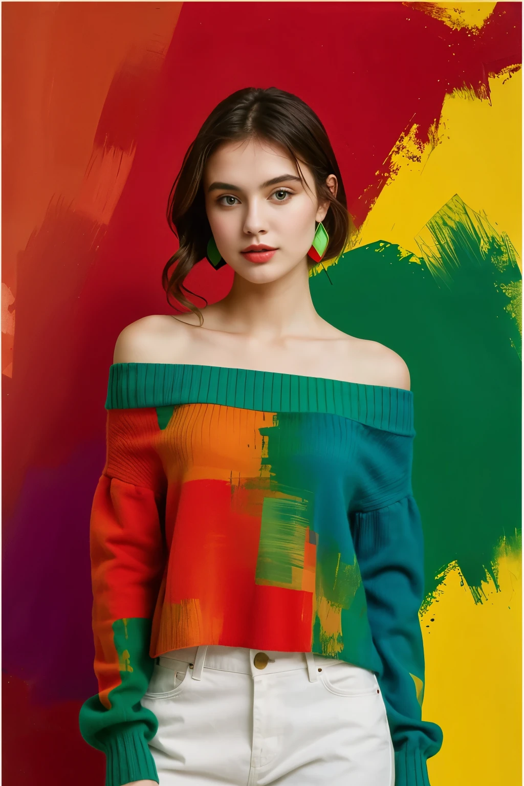 abstract art, only use color Red, Green, Blue. Color percentage Red:15%, Green:60%, Blue:20%, ((best quality)), ((masterpiece)), (detailed), 1girl, off-shoulder sweater, 