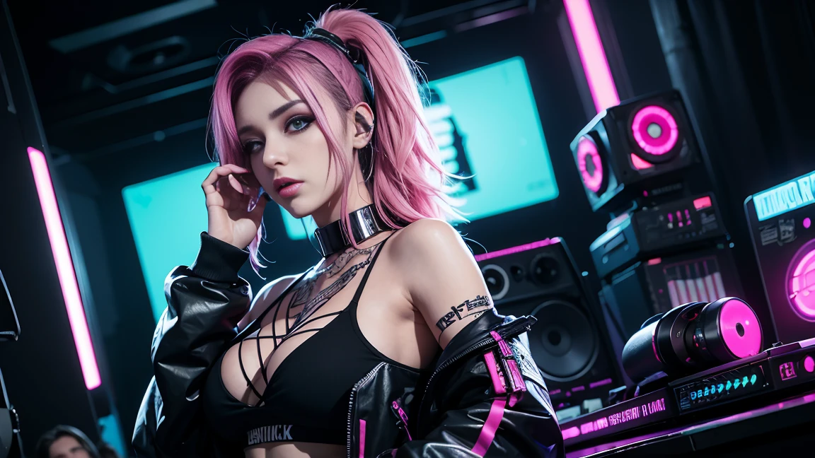 arafed woman in a black top and pink hair standing next to a DJ's mixer, rave girl, raver girl, 1 girl, DJ rave, unreal engine, rave makeup, in cyberpunk style, has cyberpunk style, rave inspired, cyber punk setting, cyberpunk vibes, cyberpunk vibe, beautiful cyberpunk woman model, cyberpunk style color, woman holds her headphones down with one hand.