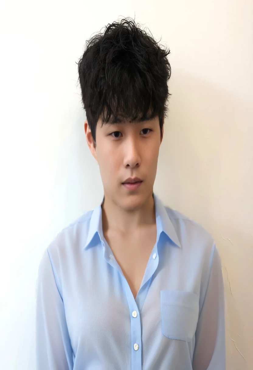 Best Quality, 8k, Masterpiece, (Portrait: 1.3), (photo realistic:1.4), (hyper realistic:1.4), Sharp Focus, looking at viewer, (smoother lighting:1.1), (increase cinematic lighting quality:0.9), realistic lighting, backlighting, light on face, ray trace, (brightening light:1.2), (Increase quality:1.4), sharp detail, (best quality real texture skin:1.4), finely detailed eyes, black_eyes, finely detailed face, 25 year old Korean woman, (white blue_shirt:1.4), (Create an image maintaining the orig...