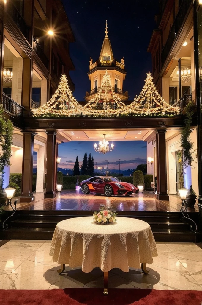 The background should include elements like a grand mansion, expensive cars, and lavish decorations. 