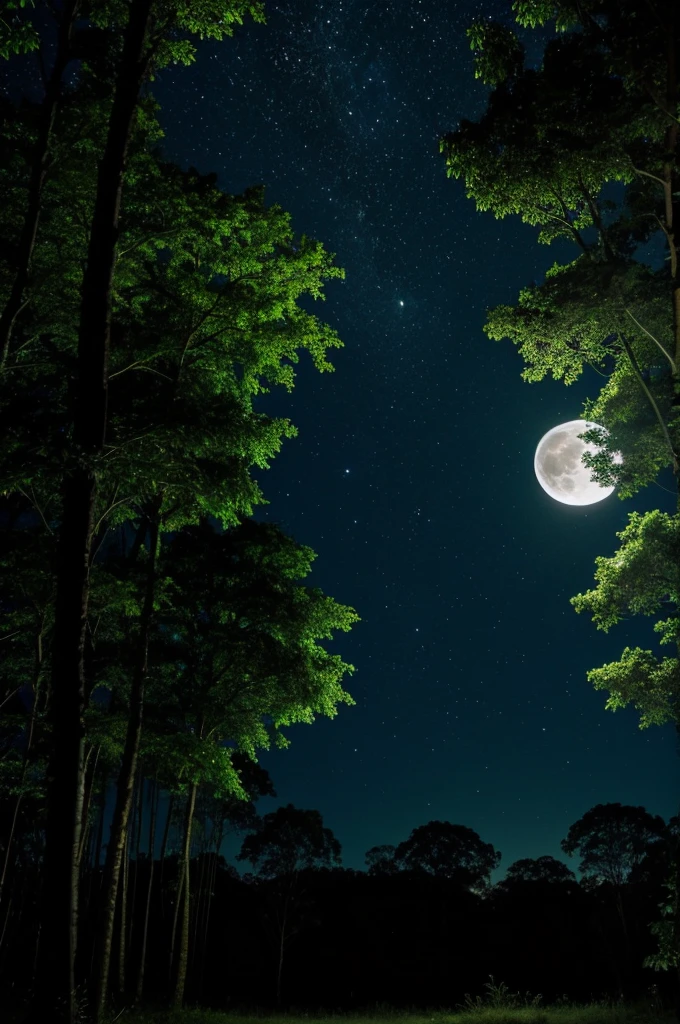 A jungle at night with trees around and the moon in the sky