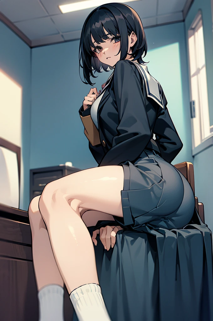 Introvert Big Ass Confident look room nervous Sitting Middle school students uniform のroom Black Hair Barely