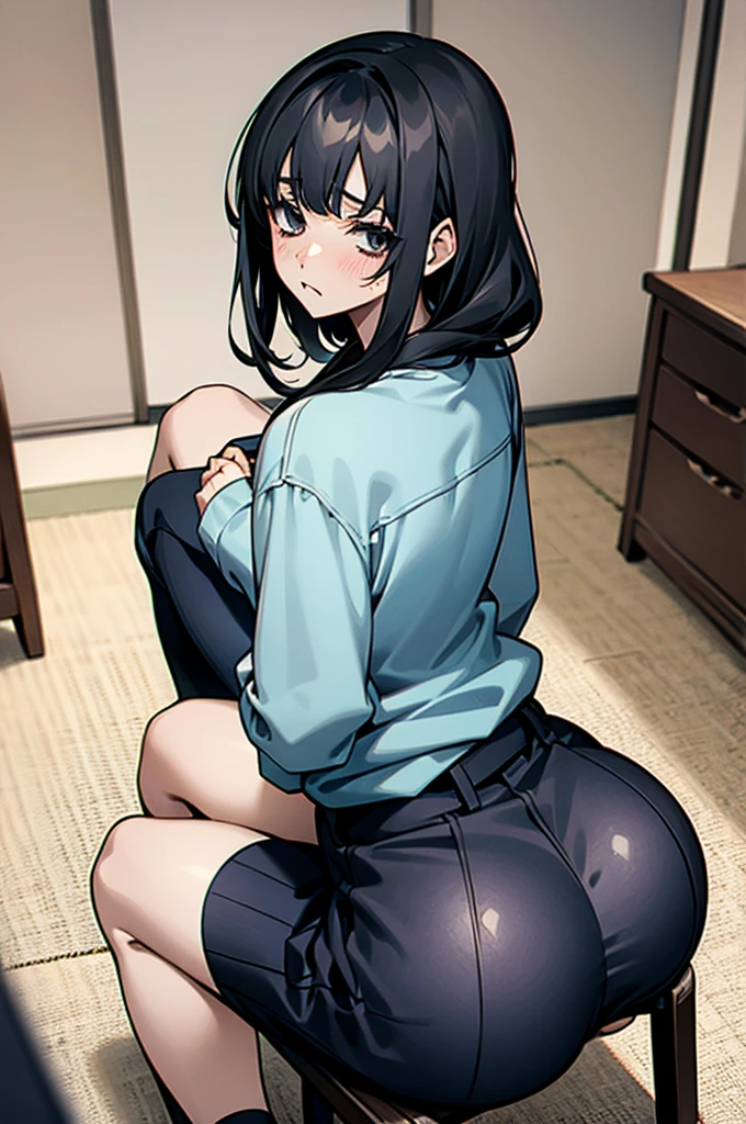Introvert Big Ass Confident look room nervous Sitting Middle school students uniform のroom Black Hair Barely