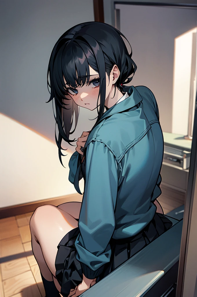 Introvert Big Ass Confident look room nervous Sitting Middle school students uniform のroom Black Hair Barely