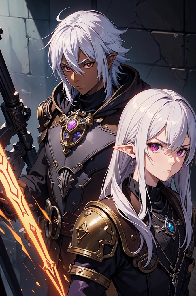 ((best quality)), ((masterpiece)), (detailed), ((boy)), ((mix between dungeonpunk and steampunk armor)), (serious), fantasy illustration, dark skinned, human, upper body, portrait, red eyes, long white hair, (wearing armor), Xemnas from Kingdom Hearts, half-drow, pointy ears, serious face, dramatic lighting, purple hue, art by Kinema Citrus and Tetsuya Nomura