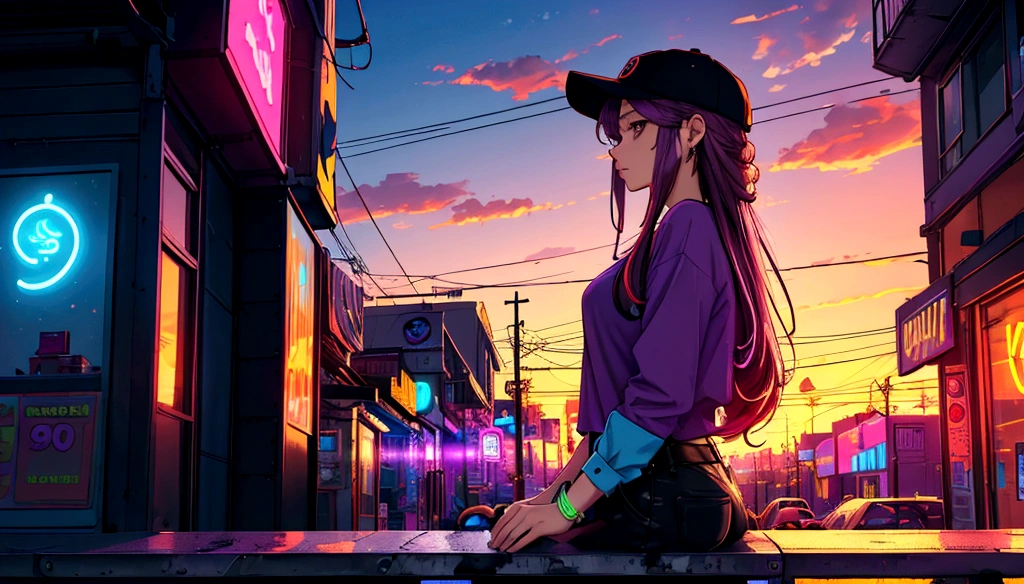 Sunset, colorful neon city, beautiful woman, relaxing, purple long hair, colorful shirt, casual, CAP, upper body, front of the store, profile distant view, 8k, detailed digital art, detailed artwork, ultra high resolution wallpaper, art wallpaper 4k,