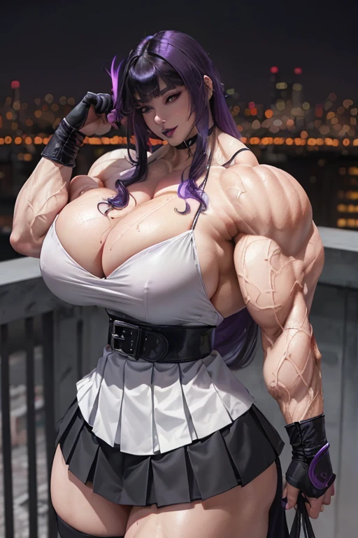 ((((Massive tall, beautiful, buff, sweating, pale white skinned muscular asian woman with violet purple hair, black lipstick, ginormous bulky muscles and wearing a beautiful black long-sleeved blouse with a beautiful long pleated skirt)))), (close view), massive muscle, massive biceps, hyper muscle shoulders, massive muscle arms, vascular shoulders, hyper muscle triceps, (long hair with long bangs), (beautiful black long-sleeved blouse with a belt), black eyes, gloves, choker, (beautiful long black pleated skirt), (thigh high socks), boots, in a school rooftop, confidant smile, night, hyper vascular arm, hyper muscles arms, hyper muscle legs, massive arms