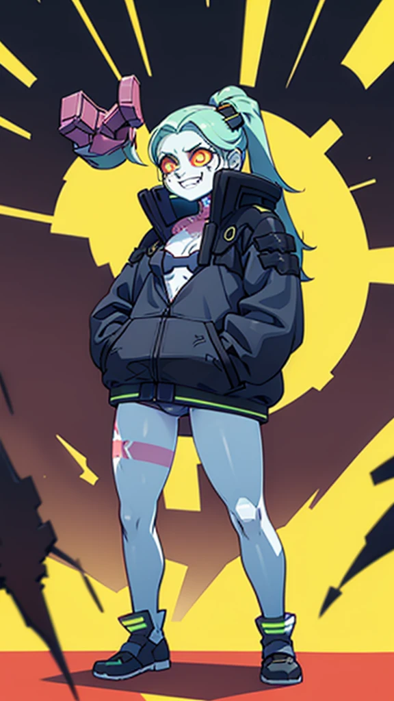 work of art, best qualityer, high resolution, 1 girl, Rebeca \(cyber punk\), standing alone, long hair, mechanical eye, colored sclera, red sclera, colored fur, Caucasian skin, tattoo on the leg, Neck tatoo, hair green, long hair, breasts small, Underwear, tusk, red pupils, skin tusk, Eyes red, Black jacke, standing, cyber punk house, Grinning