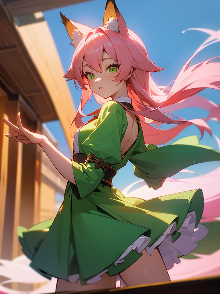 kitsune idol in a tavern, foxgirl, fox ears, fox tails, pink hair, green eyes, light blue idol dress, tavern background, high quality, masterpiece