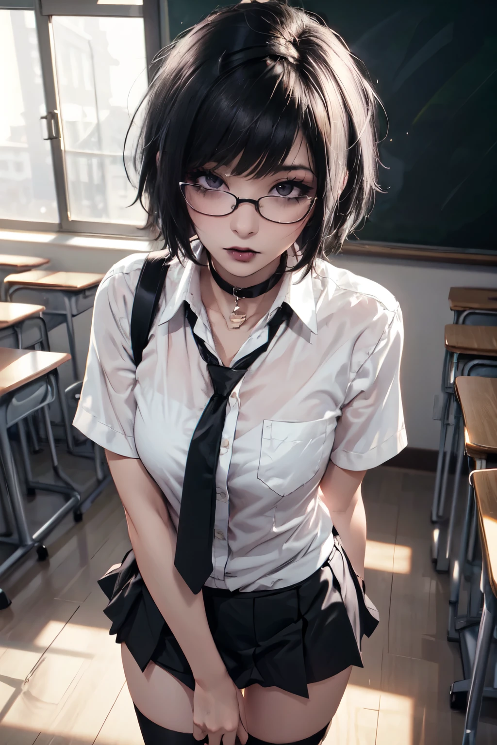 Girl, woman, emo_hairstyle, black lipstick, dog collar, eyeliner, eye shadow, smoky eyes, realistic lighting, short hair, square glasses,  short skirt, thighighs, white shirt, classroom, necktie.