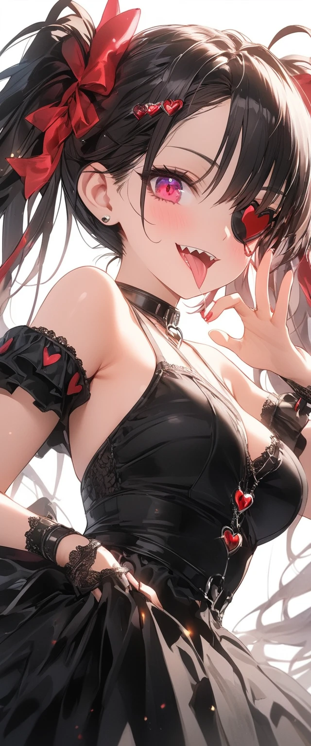 female\((cute,eye patch\(very cute, gothic fashion,heart mark\):1.3),age of 12,(side view:0.3),skin\(white,pale,smooth,silky,shiny\),eyes\(beautiful,many star-shaped highlights\),wearing makeup\(pink\),(evil smile:1.3),open mouth,sharp teeth,long tongue,hair\(pink,twintails,floating,rolled,detailed,shiny\),hairclip\(heart\),costume\(pink (frilled) dress\),eye corners\(pink:1.3\),(narrow eyes),very cute pose,(breast:1.3),open cleavage, cute hand sign,many accessories\), BREAK ,background\(harajyuku\(tokyo,japan\),at night,cute,fancy,dark\), BREAK ,quality\(8k,wallpaper of extremely detailed CG unit, masterpiece,hight resolution,top-quality,top-quality real texture skin,hyper realisitic,increase the resolution,RAW photos,best qualtiy,highly detailed,the wallpaper,cinematic lighting,ray trace,golden ratio\),(dynamic angle),(close up of face:1.8),looking down at viewer,from below,better hands