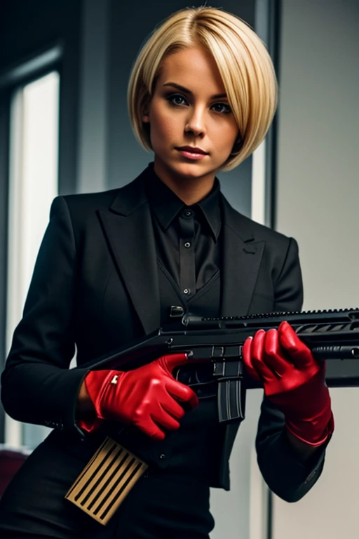 A short-haired, blonde American woman wearing a black suit and red gloves holding a submachine gun