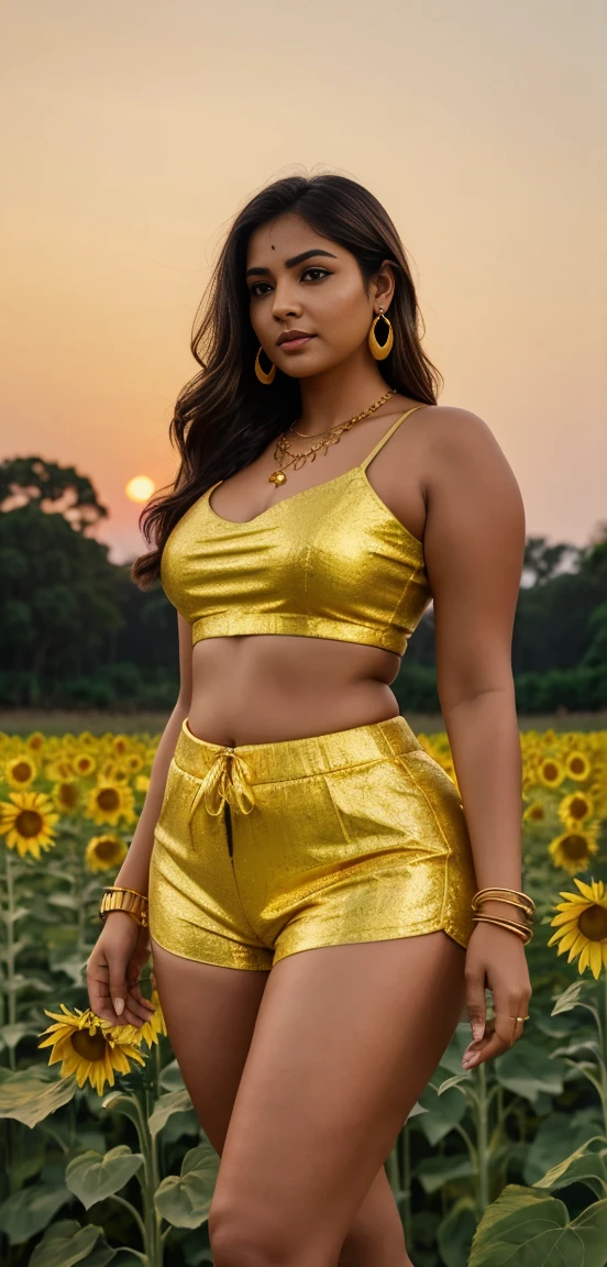A indian curvy woman is standing in a field of yellow flowers at sunset, wearing a light sunflower two-piece outfit consisting of a crop top and shorts. She has long, flowing dark hair, gold earrings, a necklace, and gold bangles. The sky is a gradient of warm hues, and trees are visible in the background.