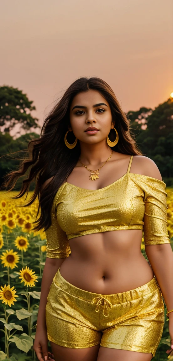 A indian curvy woman is standing in a field of yellow flowers at sunset, wearing a light sunflower two-piece outfit consisting of a crop top and shorts. She has long, flowing dark hair, gold earrings, a necklace, and gold bangles. The sky is a gradient of warm hues, and trees are visible in the background.
