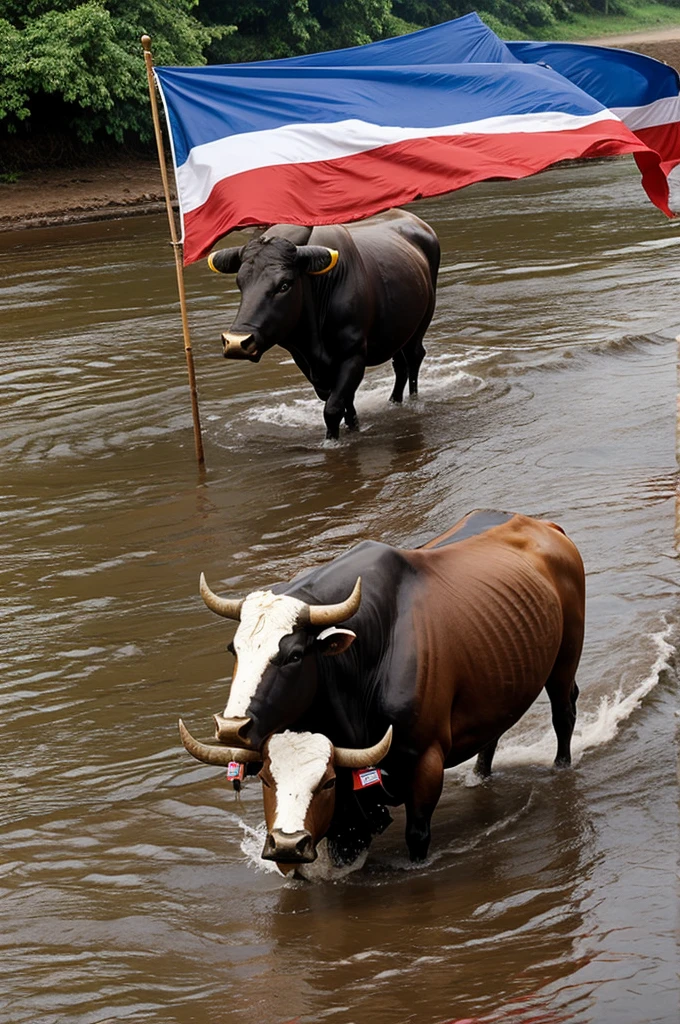 The bull wrapped in the flag of El Salvador waded through the rain