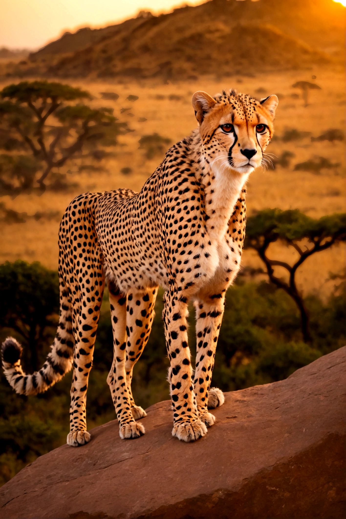 a Cheetah on the rock, sunset, safari, the wild world,