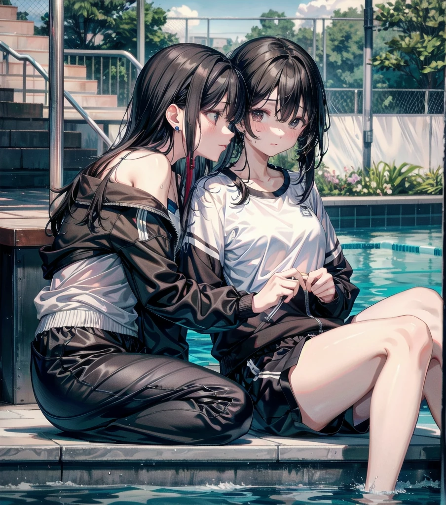 full body, delicate  features, medium tits, medium hair, black hair, tearful mole, earring, tracksuit, shorts, pool, yuri, 2 girls,
