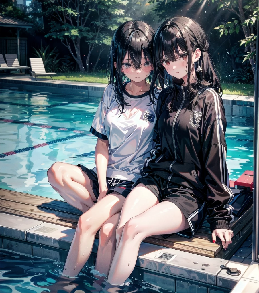 full body, delicate facial features, medium tits, medium hair, black hair, tearful mole, earring, tracksuit, shorts, pool, yuri, 2 girls,