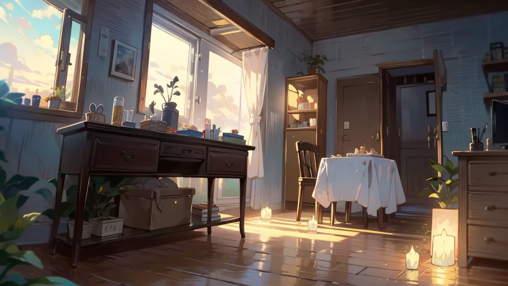 Dark apartment, small birthday cake on old wooden table, modern apartment, alarm clock on the wall，anime scene.Upward shot，Bottom-up perspective，No humans