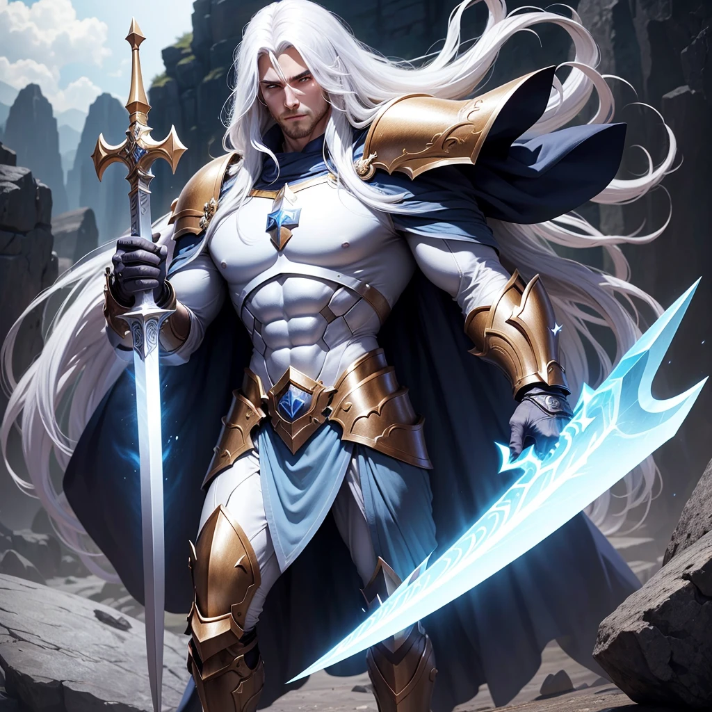 Paladin man full body very powerful and beautiful his face with long white hair he has no beard, He is standing on a large rock with his sword and shield illuminated with a lot of aura.