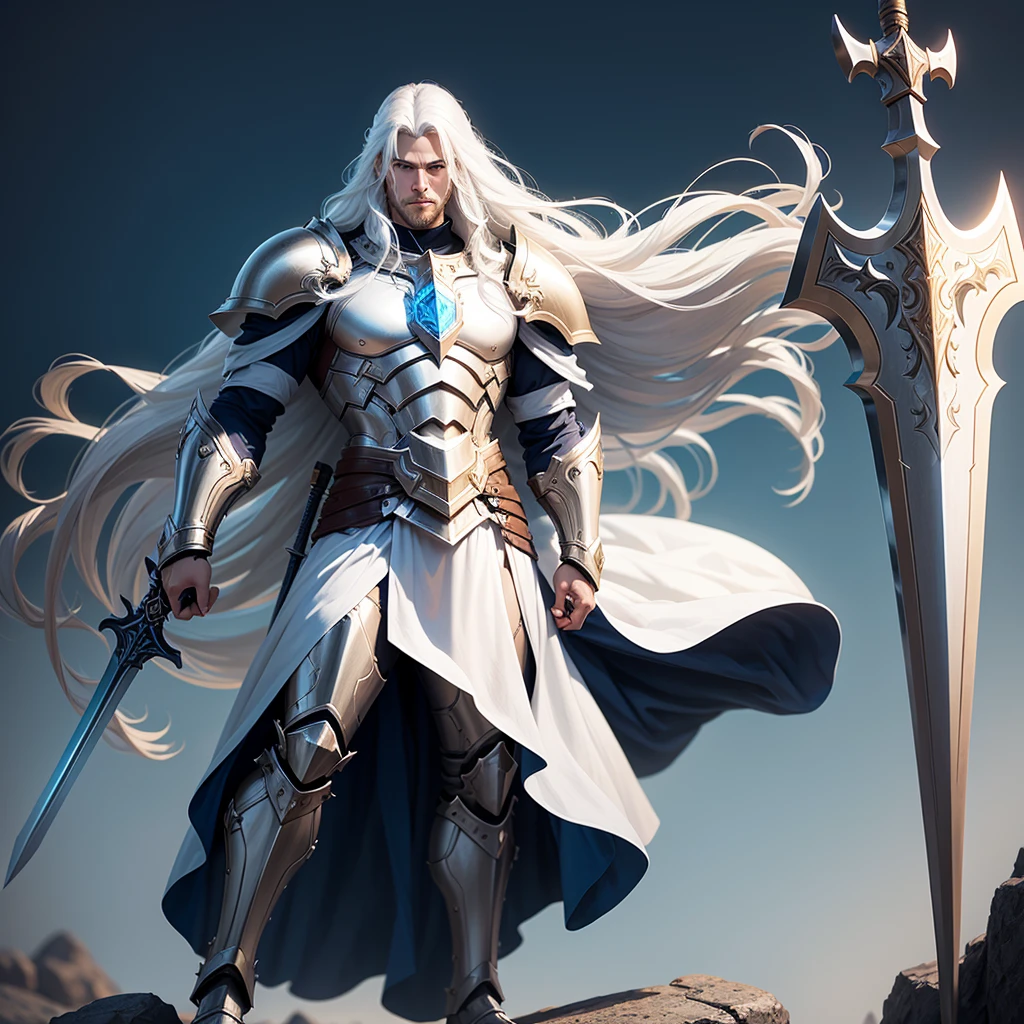 Paladin man full body very powerful and beautiful his face with long white hair he has no beard, He is standing on a large rock with his sword and shield illuminated with a lot of aura.