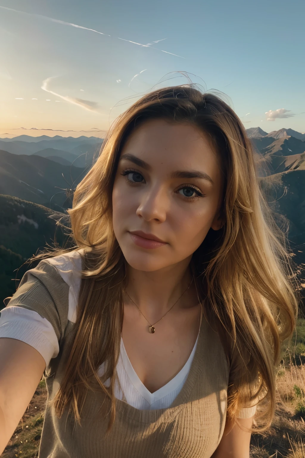 score_9, score_8_up, score_7_up, BREAK, rating_safe, mountain, sunny, sunset, weird angle selfie, make-up, Women, Very detailed, motion blur, reddit, film grain, RAW, amateur, low quality, Traditional media, 
intense light blonde hair