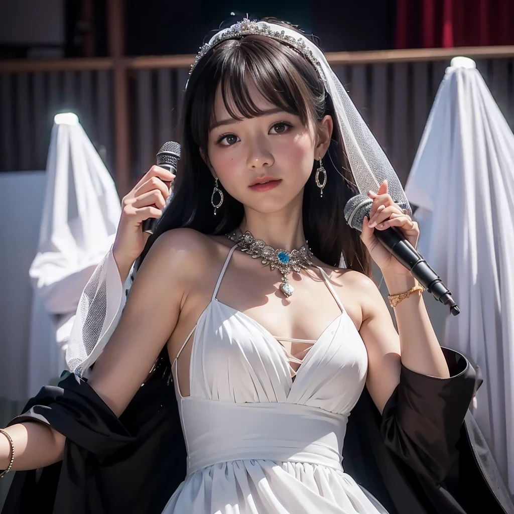 a beautiful young japanese idol in a white dress and veil holding a microphone, extremely detailed and realistic portrait, intricate anime cosplay, ig model, artcore style, lost in reverie, 8k resolution, canon eos r6 photography, background is blight,