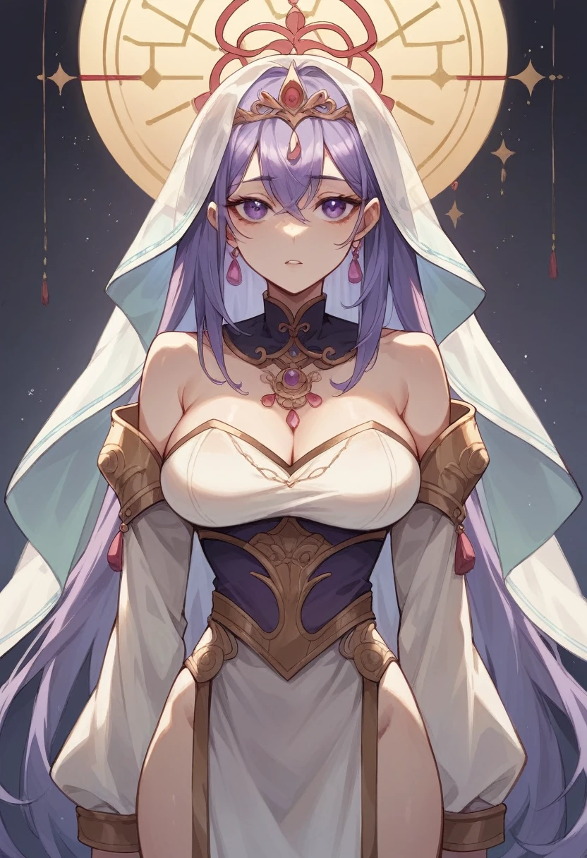 twelve year old girl,of fine and delicate beauty. very thin and small, with big purple eyes and porcelain skin so light it was almost translucent.
Dressed in clothes from 1530,pale purple,use a thin tiara with a veil