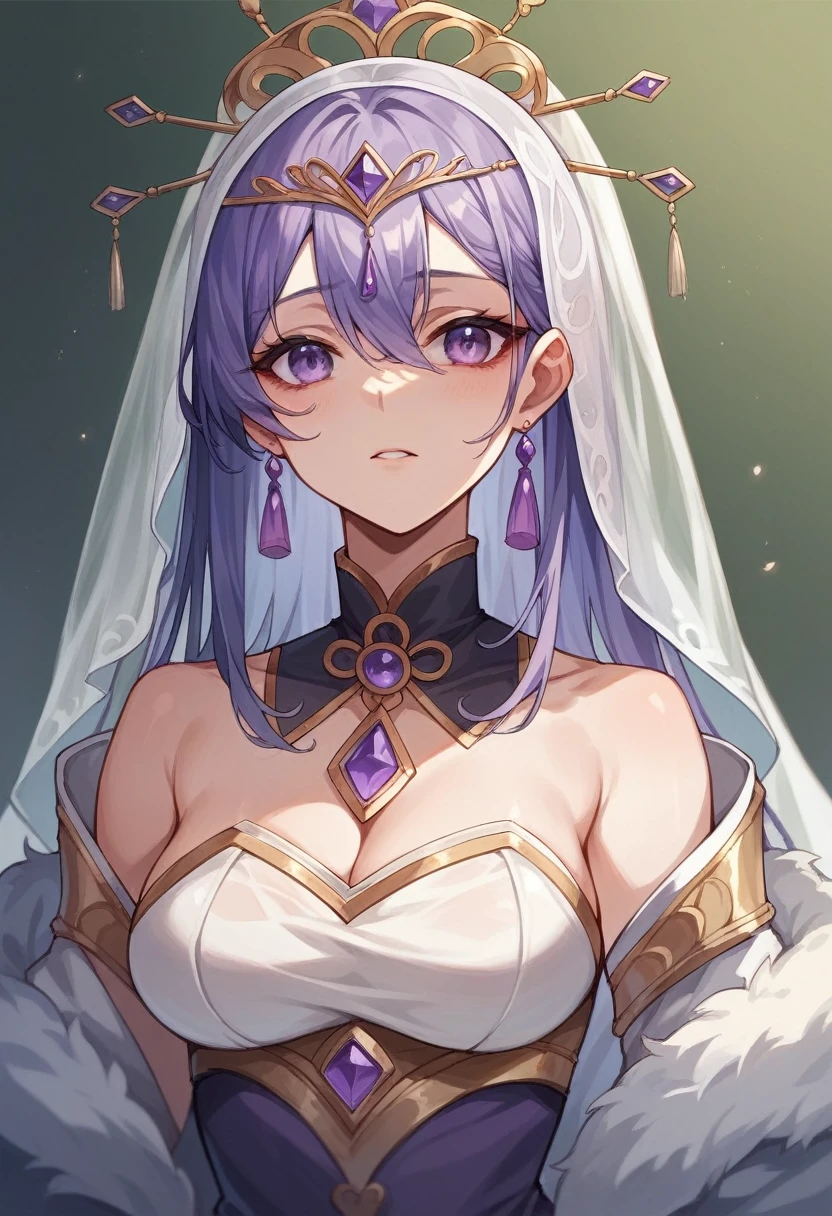 twelve year old girl,of fine and delicate beauty. very thin and small, with big purple eyes and porcelain skin so light it was almost translucent.
Dressed in clothes from 1530,pale purple,use a thin tiara with a veil
