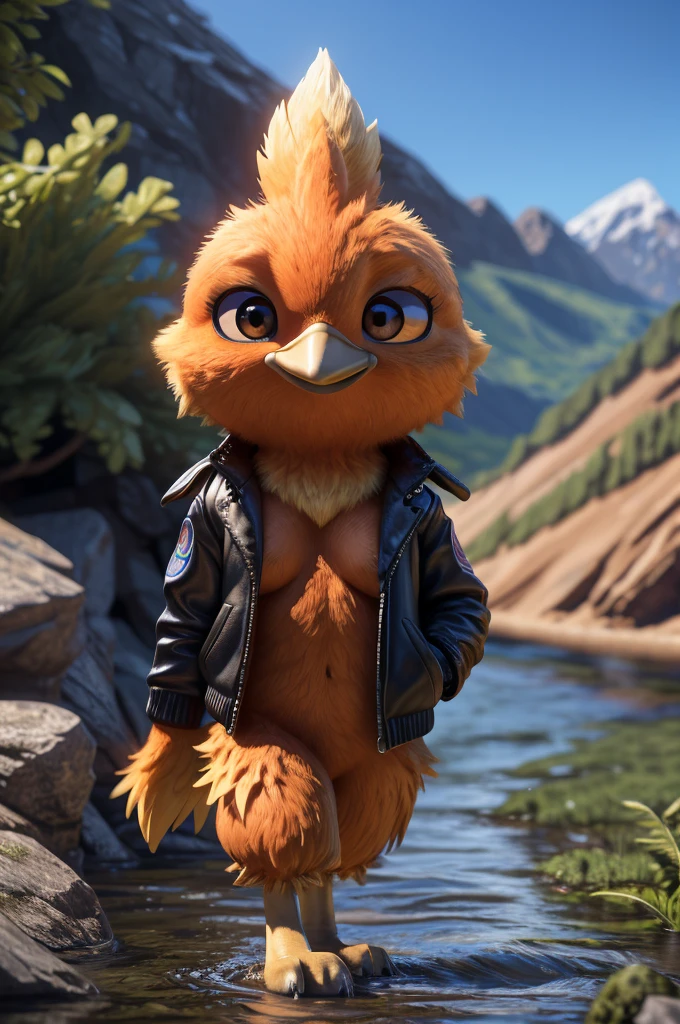 male, bird, Torchic, background, (cinematic lighting:1.1), (perfect focus:1.1), 8k hd, (detailed eyes:1.2),depth of field, bokeh, subsurface scattering, perfect , wide ,((wearing a black jacket with the "LWH" logo on the back and front of the jacket)),bright colors, (furry detail:1.3),detailed background, realistic, photorealistic, ultra realistic,(Roblox mountain next to a river with many fish and vegetation ),realistic, photorealistic ,smile cute,(fluffy:1.3), furry, buff, (realistic fur:1.1), (extreme fur detail:1.2),((light orange fur)),(Black pupil, brown eyes,pixar style eyes),Torchic tail,3d pixar legs, with pectorals,brighter colors,Skinny body. 