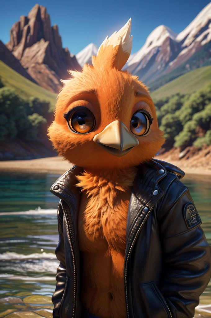 male, bird, Torchic, background, (cinematic lighting:1.1), (perfect focus:1.1), 8k hd, (detailed eyes:1.2),depth of field, bokeh, subsurface scattering, perfect breasts, wide ,((wearing a black jacket with the "LWH" logo on the back and front of the jacket)),bright colors, (furry detail:1.3),detailed background, realistic, photorealistic, ultra realistic,(Roblox mountain next to a river with many fish and vegetation ),realistic, photorealistic ,smile cute,(fluffy:1.3), furry, buff, (realistic fur:1.1), (extreme fur detail:1.2),((light orange fur)),(Black pupil, brown eyes,pixar style eyes),Torchic tail,3d pixar legs, with pectorals,brighter colors,Skinny body. 