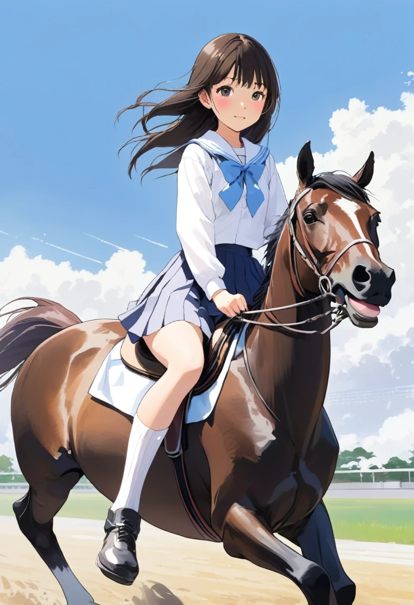 A Japanese high school girl in anime style riding a horse wearing white summer socks