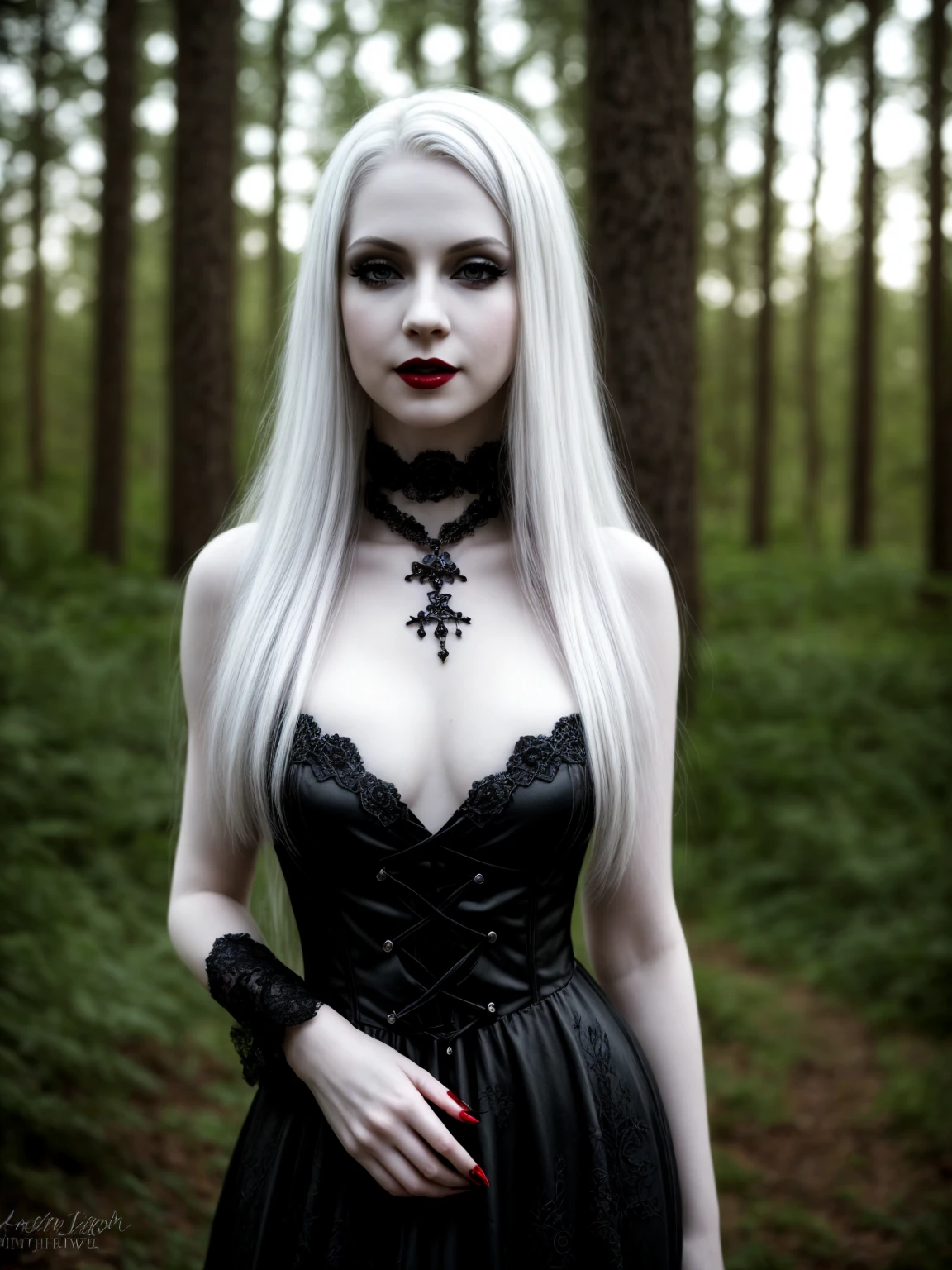 female sexy vampire|albino, pale porcelain skin, sexy vintage black dress, smile, shallow depth of field, grin|creepy, nightfall, detailed face, night, wide hips, narrow waist, portrait of woman standing, detailed eyes, portrait of woman standing, 8k RAW photo, highest quality, looking at the viewer, best shadow, intricate details, long hair, bright eyes, forest, grave, gothic, goth detailed, highres, high qualilty, high saturation