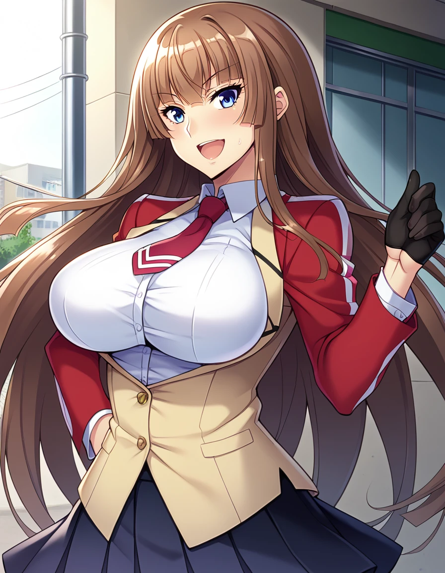 score_9, score_8_up, score_7_up, score_6_up, source_anime, aoi_nagisa_\(metalder\), BREAK solo, 1girl, koukawa asuka, brown hair, long hair, blue eyes, bangs, (huge breasts:0.8), medium body, BREAK (blue_school_jacket, tight clothes:1.2), breasts, black_gloves, collared_white_blouse, red_long_tie, black_pleated_skirt, BREAK happy, open mouth, outside, street, (upper body:1.1),