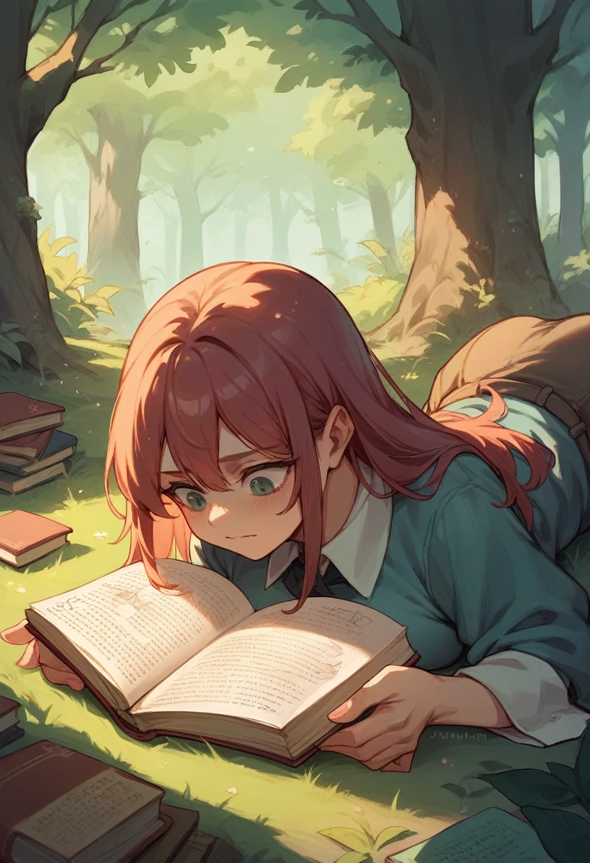 Girl reading a book in a magical forest