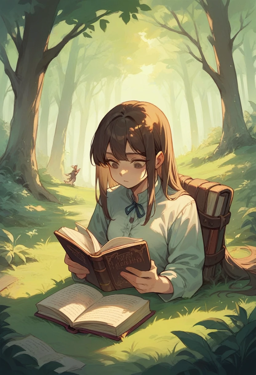 Girl reading a book in a magical forest