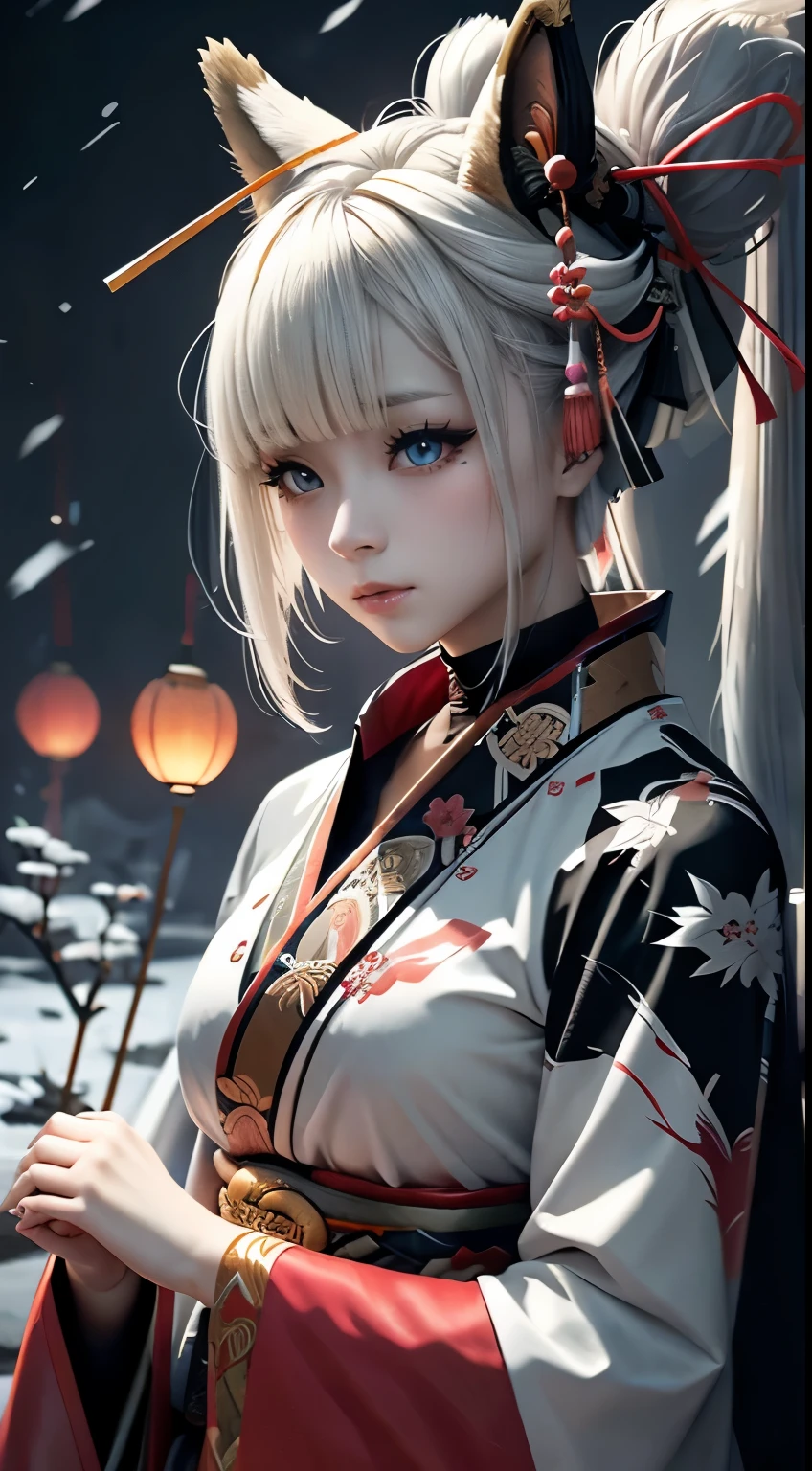 Anime - Image of a warrior woman with short white hair style, The only clothing colors are black and white, samurai kimono, karate, white lotuses, cry,, Portrait of a person, Fantasy art, The background is a Japanese mountain shrine in winter, Cyberpunk priestess with fox ears and fox tail, Dark white and bold red color, Natural light, robot fox companion, Fighting Pose,masterpiece, 1 beautiful girl, Detailed eyes, Swollen eyes, Highest quality, A High resolution, Asian Beauties, Very very beautiful, Beautiful skins, Slender, Forward-facing body, (Surreal), (High resolution), (4K), (Very detailed),( Best illustrations), (Beautiful and detailed eyes), (Super detailed), Detailed face, Bright lighting, Professional Lighting, Vision,